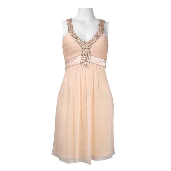 NEW SUE WONG beaded v-cut satin inset crepe dress in peach - Picture 1 of 2